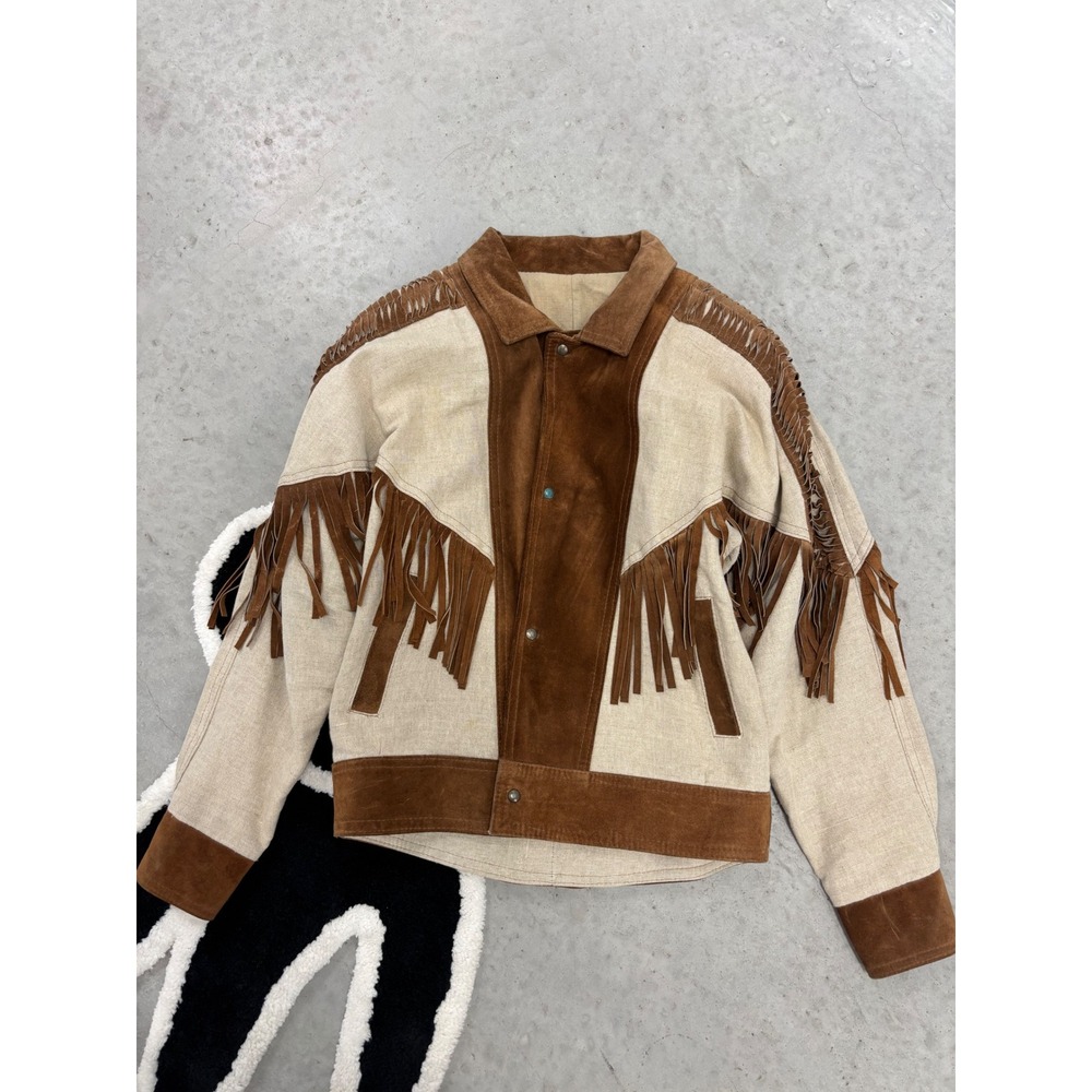 Paris Texas Robert Krief Western Fringe Suede Canvas Jacket Brown Beige Large